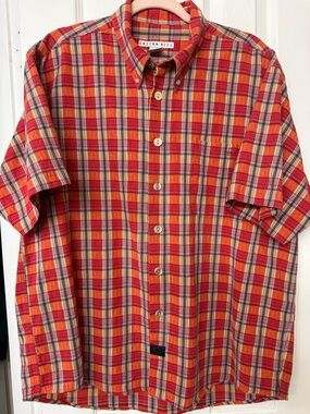 Well made Cotton Reel 100% Cotton Red & Orange Plaid Short-Sleeve ButtonUp Shirt